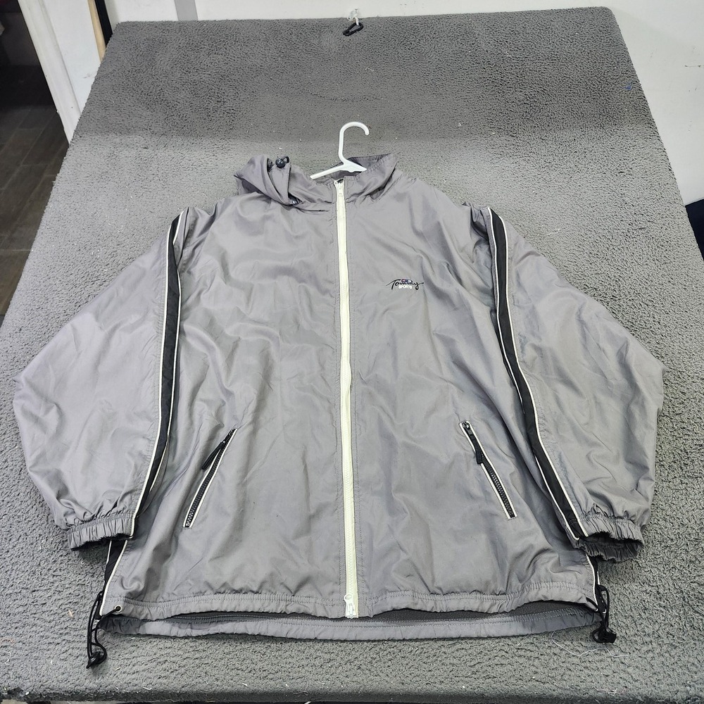 Tommy Sports Jacket Mens XL Gray Hooded Fleece Lined Zip Windbreaker Athletic